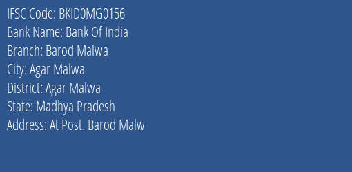 Bank Of India Barod Malwa Branch Agar Malwa IFSC Code BKID0MG0156