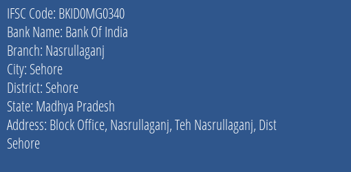 Bank Of India Nasrullaganj Branch Sehore IFSC Code BKID0MG0340
