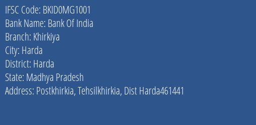 Bank Of India Khirkiya Branch Harda IFSC Code BKID0MG1001