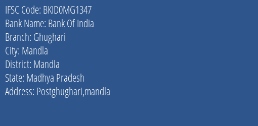 Bank Of India Ghughari Branch Mandla IFSC Code BKID0MG1347