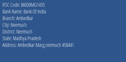 Bank Of India Ambedkar Branch Neemuch IFSC Code BKID0MG1435