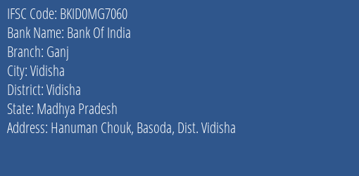 Bank Of India Ganj Branch Vidisha IFSC Code BKID0MG7060