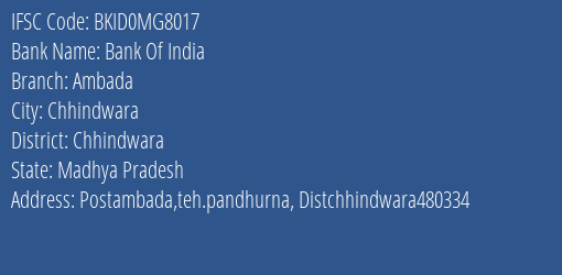 Bank Of India Ambada Branch Chhindwara IFSC Code BKID0MG8017