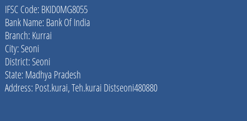 Bank Of India Kurrai Branch Seoni IFSC Code BKID0MG8055