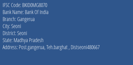 Bank Of India Gangerua Branch Seoni IFSC Code BKID0MG8070