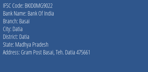 Bank Of India Basai Branch Datia IFSC Code BKID0MG9022