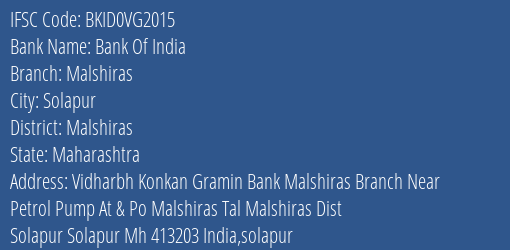 Bank Of India Malshiras Branch Malshiras IFSC Code BKID0VG2015