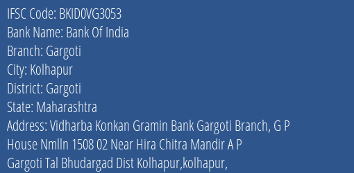 Bank Of India Gargoti Branch Gargoti IFSC Code BKID0VG3053