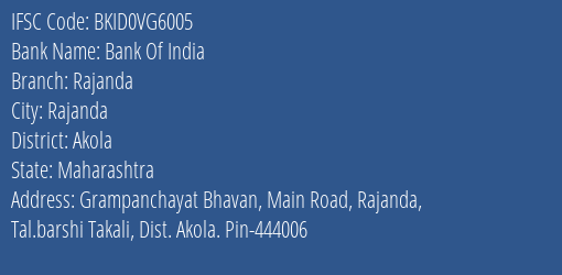Bank Of India Rajanda Branch Akola IFSC Code BKID0VG6005