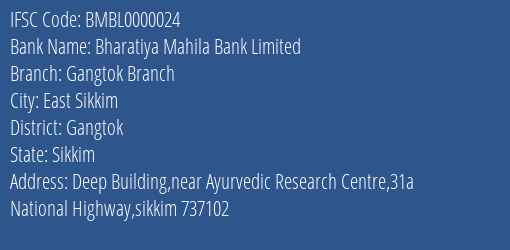 Bharatiya Mahila Bank Gangtok Branch Branch Gangtok IFSC Code BMBL0000024