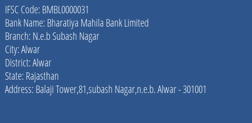 Bharatiya Mahila Bank N.e.b Subash Nagar Branch Alwar IFSC Code BMBL0000031