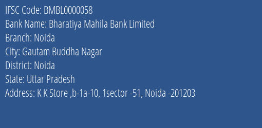 Bharatiya Mahila Bank Limited Noida Branch, Branch Code 000058 & IFSC Code BMBL0000058