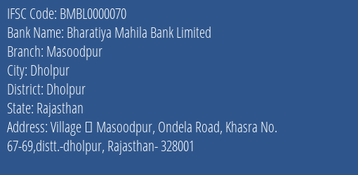 Bharatiya Mahila Bank Masoodpur Branch Dholpur IFSC Code BMBL0000070