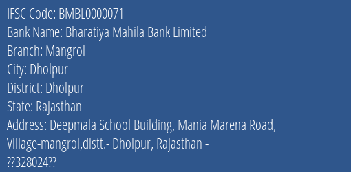 Bharatiya Mahila Bank Mangrol Branch Dholpur IFSC Code BMBL0000071