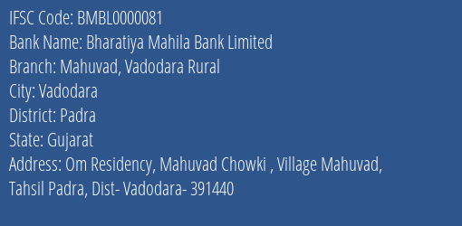 Bharatiya Mahila Bank Limited Mahuvad, Vadodara Rural Branch IFSC Code