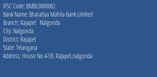 Bharatiya Mahila Bank Limited Rajapet Nalgonda Branch, Branch Code 000082 & IFSC Code BMBL0000082
