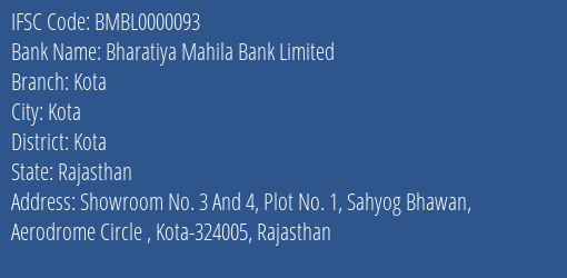 Bharatiya Mahila Bank Limited Kota Branch, Branch Code 000093 & IFSC Code BMBL0000093