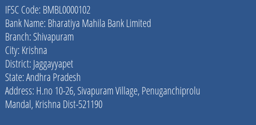Bharatiya Mahila Bank Limited Shivapuram Branch, Branch Code 000102 & IFSC Code BMBL0000102