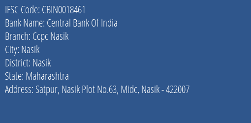 Central Bank Of India Ccpc Nasik Branch, Branch Code 018461 & IFSC Code CBIN0018461