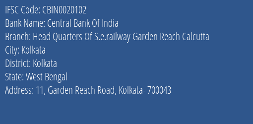 Central Bank Of India Head Quarters Of S.e.railway, Garden Reach, Calcutta Branch IFSC Code