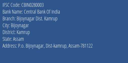 Central Bank Of India Bijoynagar Dist. Kamrup Branch IFSC Code