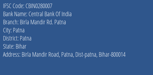 Central Bank Of India Birla Mandir Rd., Patna Branch IFSC Code