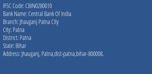 Central Bank Of India Jhauganj Patna City Branch, Branch Code 280010 & IFSC Code CBIN0280010