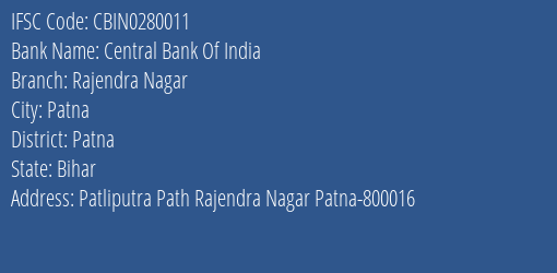 Central Bank Of India Rajendra Nagar Branch, Branch Code 280011 & IFSC Code CBIN0280011