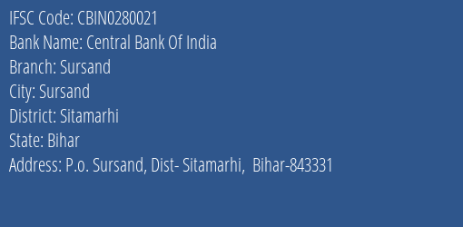 Central Bank Of India Sursand Branch, Branch Code 280021 & IFSC Code CBIN0280021