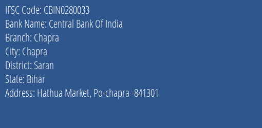 Central Bank Of India Chapra Branch, Branch Code 280033 & IFSC Code CBIN0280033