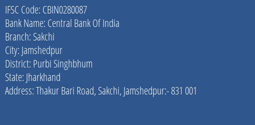 Central Bank Of India Sakchi Branch, Branch Code 280087 & IFSC Code CBIN0280087