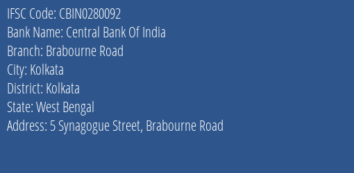 Central Bank Of India Brabourne Road Branch, Branch Code 280092 & IFSC Code CBIN0280092