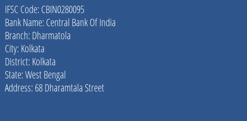 Central Bank Of India Dharmatola Branch, Branch Code 280095 & IFSC Code CBIN0280095