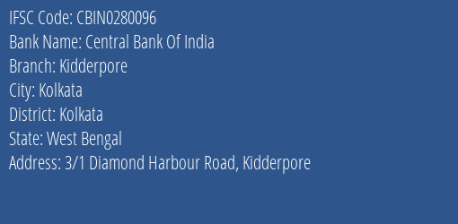 Central Bank Of India Kidderpore Branch, Branch Code 280096 & IFSC Code CBIN0280096