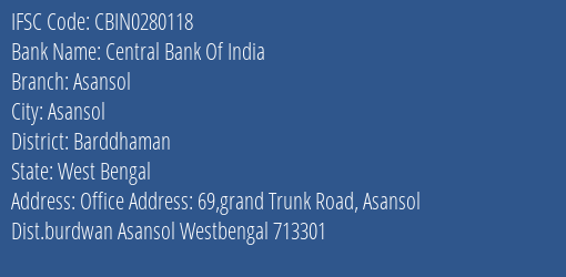 Central Bank Of India Asansol Branch, Branch Code 280118 & IFSC Code CBIN0280118