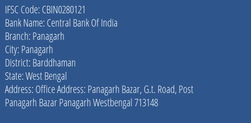 Central Bank Of India Panagarh Branch, Branch Code 280121 & IFSC Code CBIN0280121