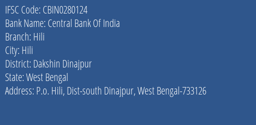 Central Bank Of India Hili Branch Dakshin Dinajpur IFSC Code CBIN0280124
