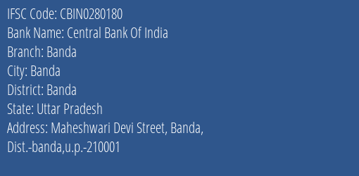 Central Bank Of India Banda Branch, Branch Code 280180 & IFSC Code CBIN0280180