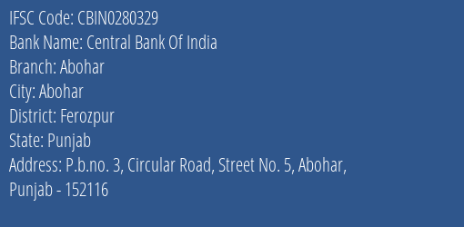Central Bank Of India Abohar Branch, Branch Code 280329 & IFSC Code Cbin0280329