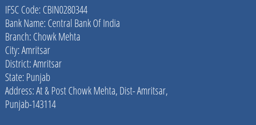 Central Bank Of India Chowk Mehta Branch Amritsar IFSC Code CBIN0280344