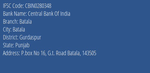 Central Bank Of India Batala Branch Gurdaspur IFSC Code CBIN0280348