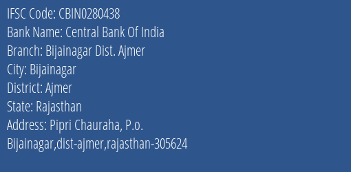 Central Bank Of India Bijainagar Dist. Ajmer Branch Ajmer IFSC Code CBIN0280438