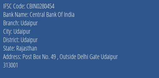 Central Bank Of India Udaipur Branch, Branch Code 280454 & IFSC Code CBIN0280454