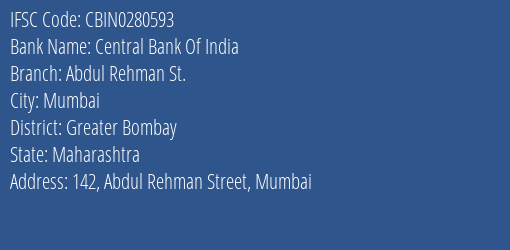 Central Bank Of India Abdul Rehman St. Branch IFSC Code