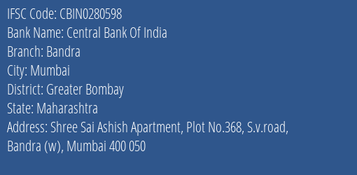 Central Bank Of India Bandra Branch, Branch Code 280598 & IFSC Code CBIN0280598