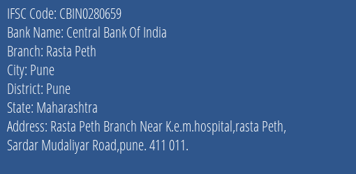 Central Bank Of India Rasta Peth Branch, Branch Code 280659 & IFSC Code CBIN0280659