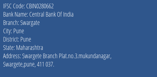 Central Bank Of India Swargate Branch, Branch Code 280662 & IFSC Code CBIN0280662