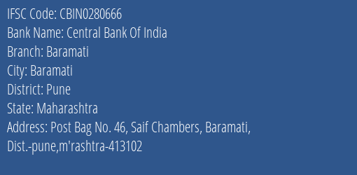 Central Bank Of India Baramati Branch, Branch Code 280666 & IFSC Code CBIN0280666