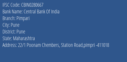 Central Bank Of India Pimpari Branch, Branch Code 280667 & IFSC Code CBIN0280667