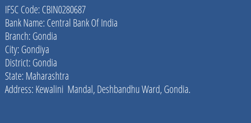 Central Bank Of India Gondia Branch, Branch Code 280687 & IFSC Code CBIN0280687